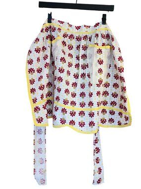 Vintage Handmade Half Apron red flowers Yellow trim Pockets